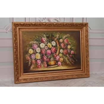 Kwiaty Róże na Stole - Obraz na Materiale - 115x85cm Gruba Złota Rama
