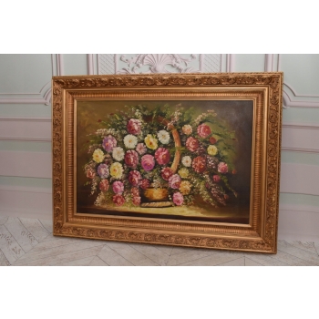 Kwiaty Róże na Stole - Obraz na Materiale - 115x85cm Gruba Złota Rama