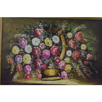 Kwiaty Róże na Stole - Obraz na Materiale - 115x85cm Gruba Złota Rama
