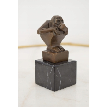 Casimir Brau Szympans Art Deco - Małpa- Figura z Brązu - Rzeźba na Marmurze