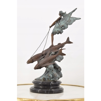 Wróżka Na Rybim Zaprzęgu - Figura Oceaniczna z Brązu - Rzeźba Ryby - Ozdoba