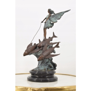 Wróżka Na Rybim Zaprzęgu - Figura Oceaniczna z Brązu - Rzeźba Ryby - Ozdoba