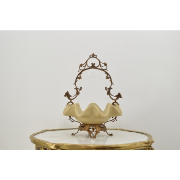 Patera Porcelanowy Koszyk Kremowy - Porcelana + Brąz - Sygnowany Żardiniera