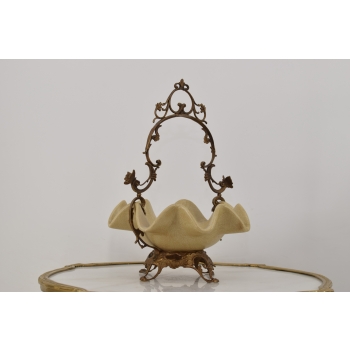 Patera Porcelanowy Koszyk Kremowy - Porcelana + Brąz - Sygnowany Żardiniera