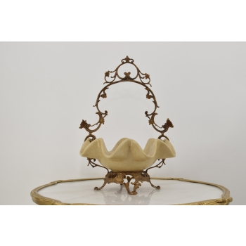 Patera Porcelanowy Koszyk Kremowy - Porcelana + Brąz - Sygnowany Żardiniera