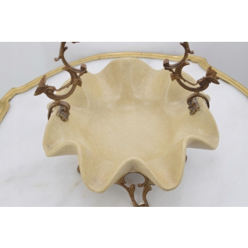 Patera Porcelanowy Koszyk Kremowy - Porcelana + Brąz - Sygnowany Żardiniera