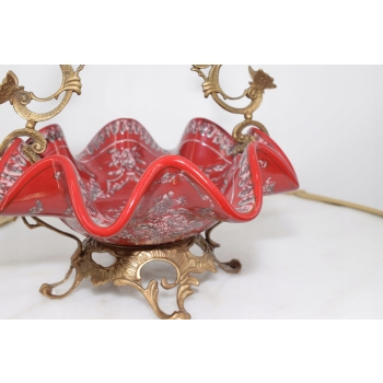 Patera Porcelanowy Koszyk Czerwony Porcelana + Brąz - Sygnowany Żardiniera