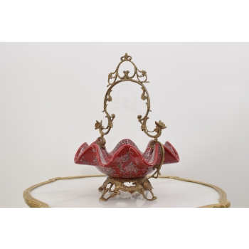 Patera Porcelanowy Koszyk Czerwony Porcelana + Brąz - Sygnowany Żardiniera
