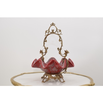 Patera Porcelanowy Koszyk Czerwony Porcelana + Brąz - Sygnowany Żardiniera