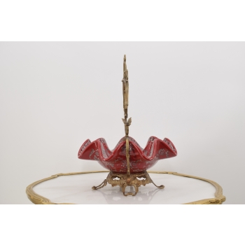 Patera Porcelanowy Koszyk Czerwony Porcelana + Brąz - Sygnowany Żardiniera