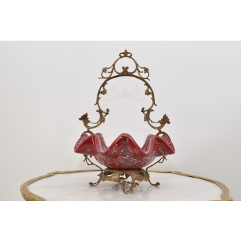 Patera Porcelanowy Koszyk Czerwony Porcelana + Brąz - Sygnowany Żardiniera
