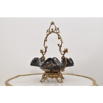 Patera Porcelanowy Koszyk Czarny Porcelana + Brąz - Sygnowany Żardiniera