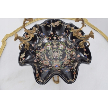 Patera Porcelanowy Koszyk Czarny Porcelana + Brąz - Sygnowany Żardiniera
