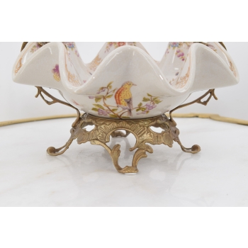 Patera Porcelanowy Koszyk PTASZEK Porcelana + Brąz - Sygnowany Żardiniera