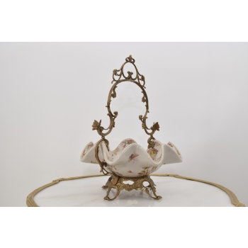 Patera Porcelanowy Koszyk PTASZEK Porcelana + Brąz - Sygnowany Żardiniera
