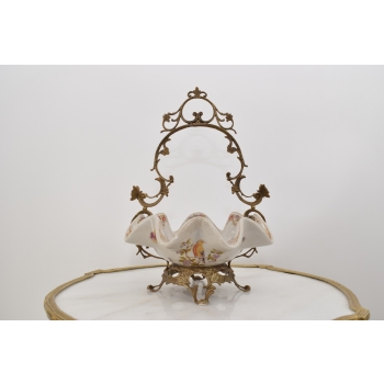 Patera Porcelanowy Koszyk PTASZEK Porcelana + Brąz - Sygnowany Żardiniera
