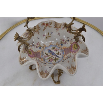 Patera Porcelanowy Koszyk PTASZEK Porcelana + Brąz - Sygnowany Żardiniera