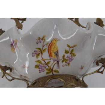 Patera Porcelanowy Koszyk PTASZEK Porcelana + Brąz - Sygnowany Żardiniera
