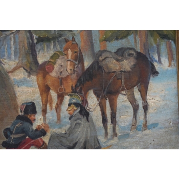 Wojciech Kossak - Odpoczynek Żołnierzy - Zimowa Scena - Obraz Olejny