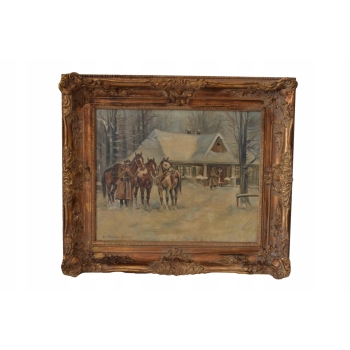 Stanisław Studencki - Zimowa Scena - Ułani Przy Chacie - Obraz Olejny 64x74