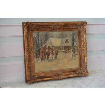 Stanisław Studencki - Zimowa Scena - Ułani Przy Chacie - Obraz Olejny 64x74