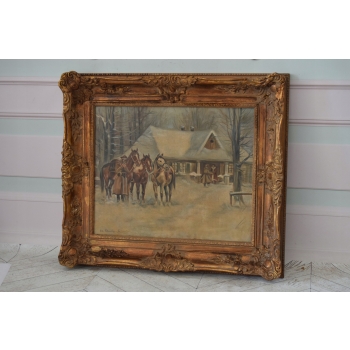 Stanisław Studencki - Zimowa Scena - Ułani Przy Chacie - Obraz Olejny 64x74