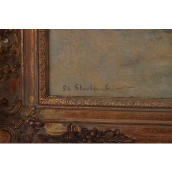 Stanisław Studencki - Zimowa Scena - Ułani Przy Chacie - Obraz Olejny 64x74