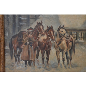 Stanisław Studencki - Zimowa Scena - Ułani Przy Chacie - Obraz Olejny 64x74