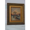 Wiejski Pejzaż - Chaty Na Brzegu Rzeki - Stary Obraz Olejny - Rama 30x25cm