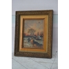Wiejski Pejzaż - Chaty Na Brzegu Rzeki - Stary Obraz Olejny - Rama 30x25cm