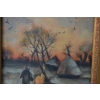 Wiejski Pejzaż - Chaty Na Brzegu Rzeki - Stary Obraz Olejny - Rama 30x25cm