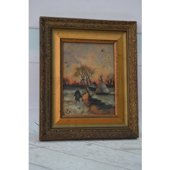 Wiejski Pejzaż - Chaty Na Brzegu Rzeki - Stary Obraz Olejny - Rama 30x25cm
