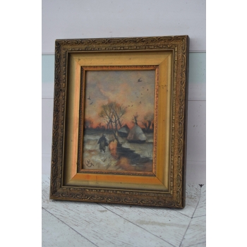 Wiejski Pejzaż - Chaty Na Brzegu Rzeki - Stary Obraz Olejny - Rama 30x25cm