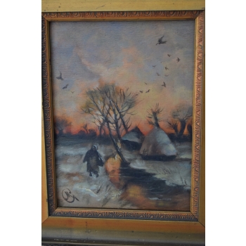 Wiejski Pejzaż - Chaty Na Brzegu Rzeki - Stary Obraz Olejny - Rama 30x25cm