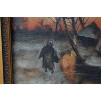 Wiejski Pejzaż - Chaty Na Brzegu Rzeki - Stary Obraz Olejny - Rama 30x25cm