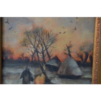Wiejski Pejzaż - Chaty Na Brzegu Rzeki - Stary Obraz Olejny - Rama 30x25cm