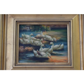 Rodzina Kaczek - Kaczki Przy Brzegu Rzeki - Scena Rodzajowa - Obraz Olejny