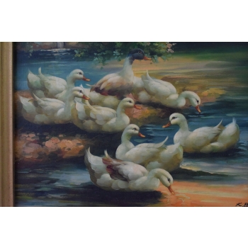 Rodzina Kaczek - Kaczki Przy Brzegu Rzeki - Scena Rodzajowa - Obraz Olejny