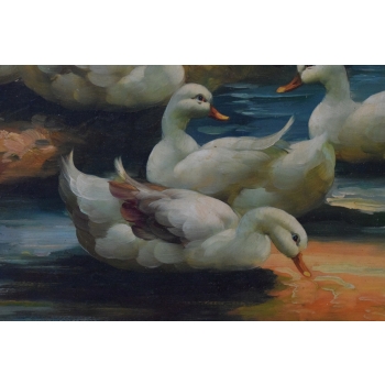 Rodzina Kaczek - Kaczki Przy Brzegu Rzeki - Scena Rodzajowa - Obraz Olejny