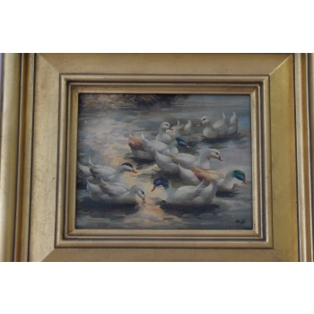 Rodzina Kaczek - Pływające Kaczki Kaczka - Scena Rodzajowa - Obraz Olejny