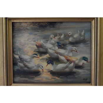 Rodzina Kaczek - Pływające Kaczki Kaczka - Scena Rodzajowa - Obraz Olejny