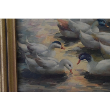 Rodzina Kaczek - Pływające Kaczki Kaczka - Scena Rodzajowa - Obraz Olejny