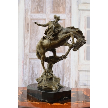Kowboj na Koniu - Dziki Zachód - Rodeo - Figura Rzeźba z Brązu na Marmurze