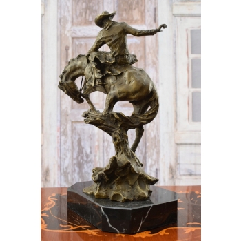 Kowboj na Koniu - Dziki Zachód - Rodeo - Figura Rzeźba z Brązu na Marmurze