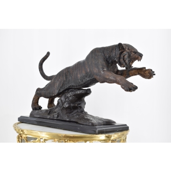 Groźny Atakujący Tygrys - Puma Gepard Pantera Figura Rzeźba z Brązu Ozdoba