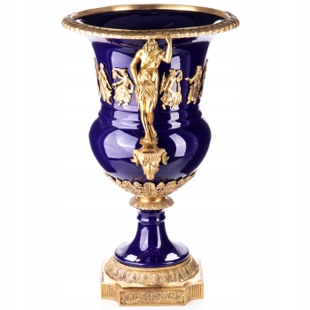Granatowa Porcelanowa Waza - Urna Wazon - Porcelana + Brąz - Zdobienia
