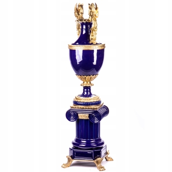 Kobaltowa Amfora na Postumencie - Puchar Wazon - Porcelana + Brąz