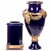 Granatowa Porcelanowa Amfora Na Filarze - Urna Wazon - Porcelana + Brąz