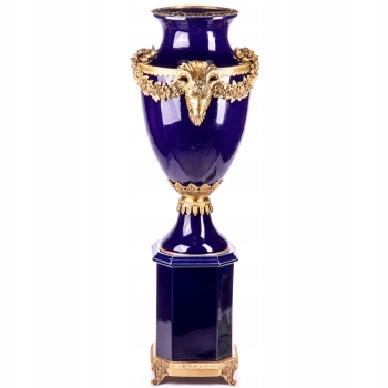 Granatowa Porcelanowa Amfora Na Filarze - Urna Wazon - Porcelana + Brąz
