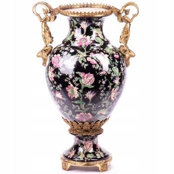 Czarna Porcelanowa Waza - Urna Wazon - Porcelana + Brąz - Motyw Kwiatów